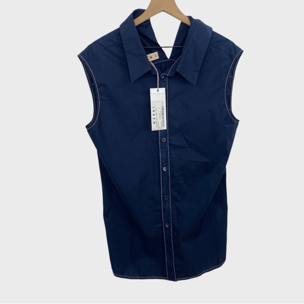 MARNI Navy Blue Sleeveless Button Down Pink Contrast Stitch Shirt NWT Size 42